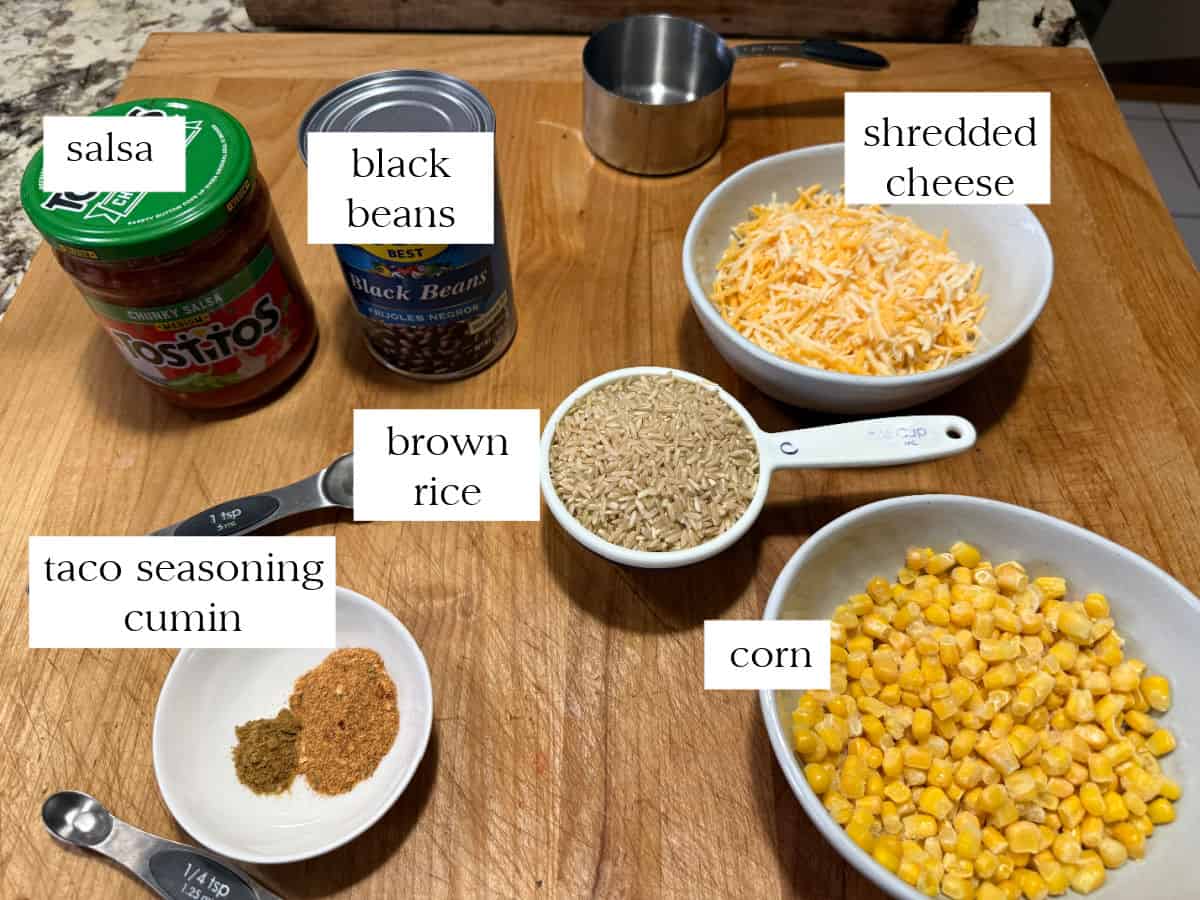Ingredients needed to make the rice and beans bake.