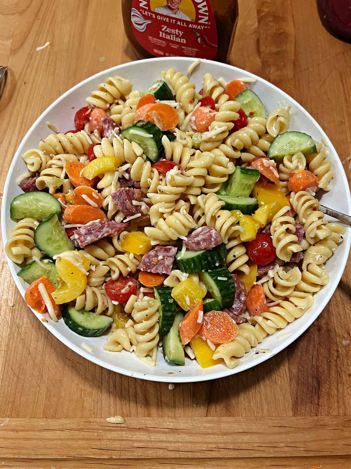Easy pasta salad tossed together and ready to serve.