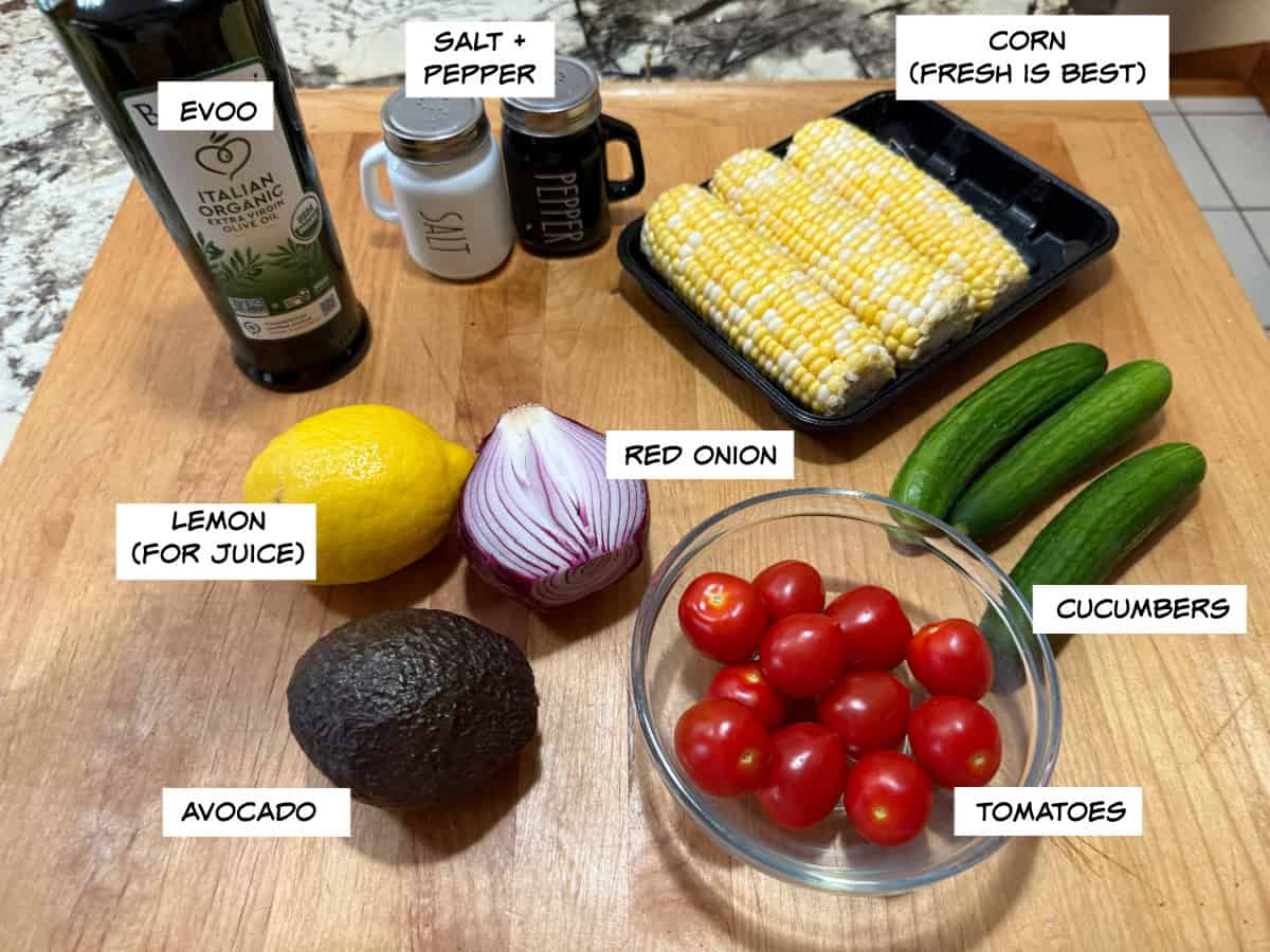 ingredients for corn tomato avocado salad.