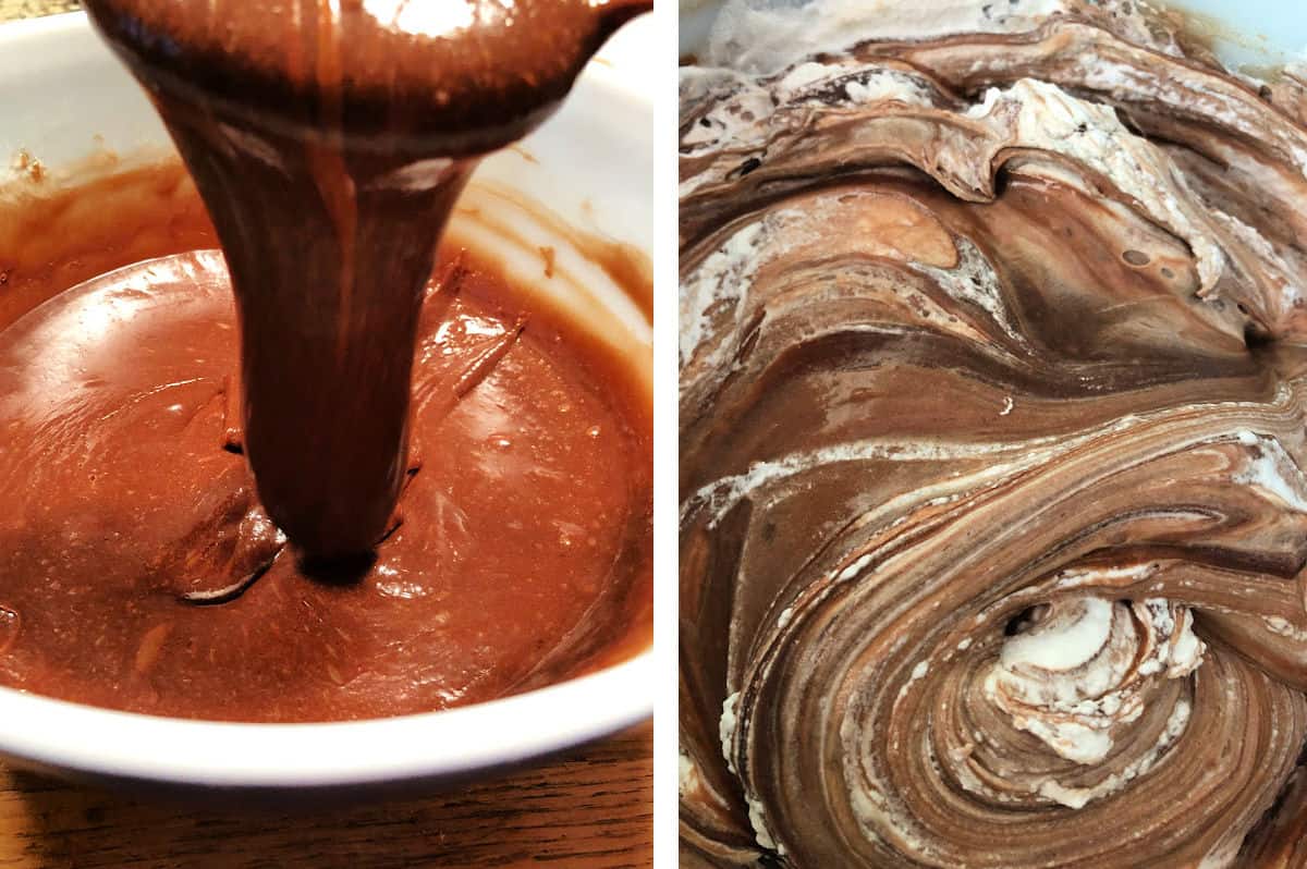 Preparing the marshmallow and chocolate filling for the pie.