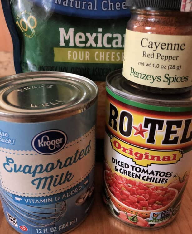 ingredients: 2 cheese Mexican blend, cayenne pepper, evaporated milk, and a can of Rotel.