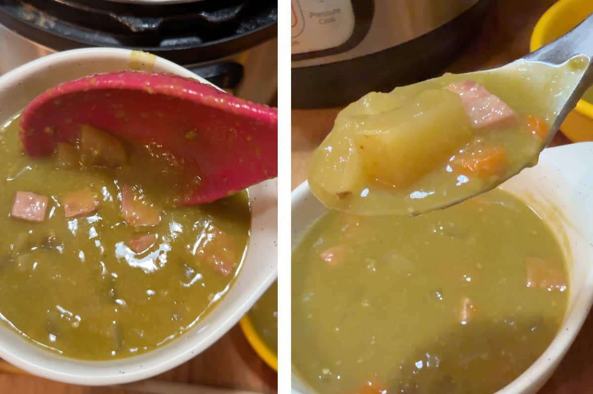 Spooning the split pea soup into a bowl to eat.