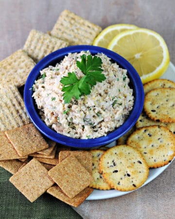 blue bowl of salmon dip surrounded by crackers.