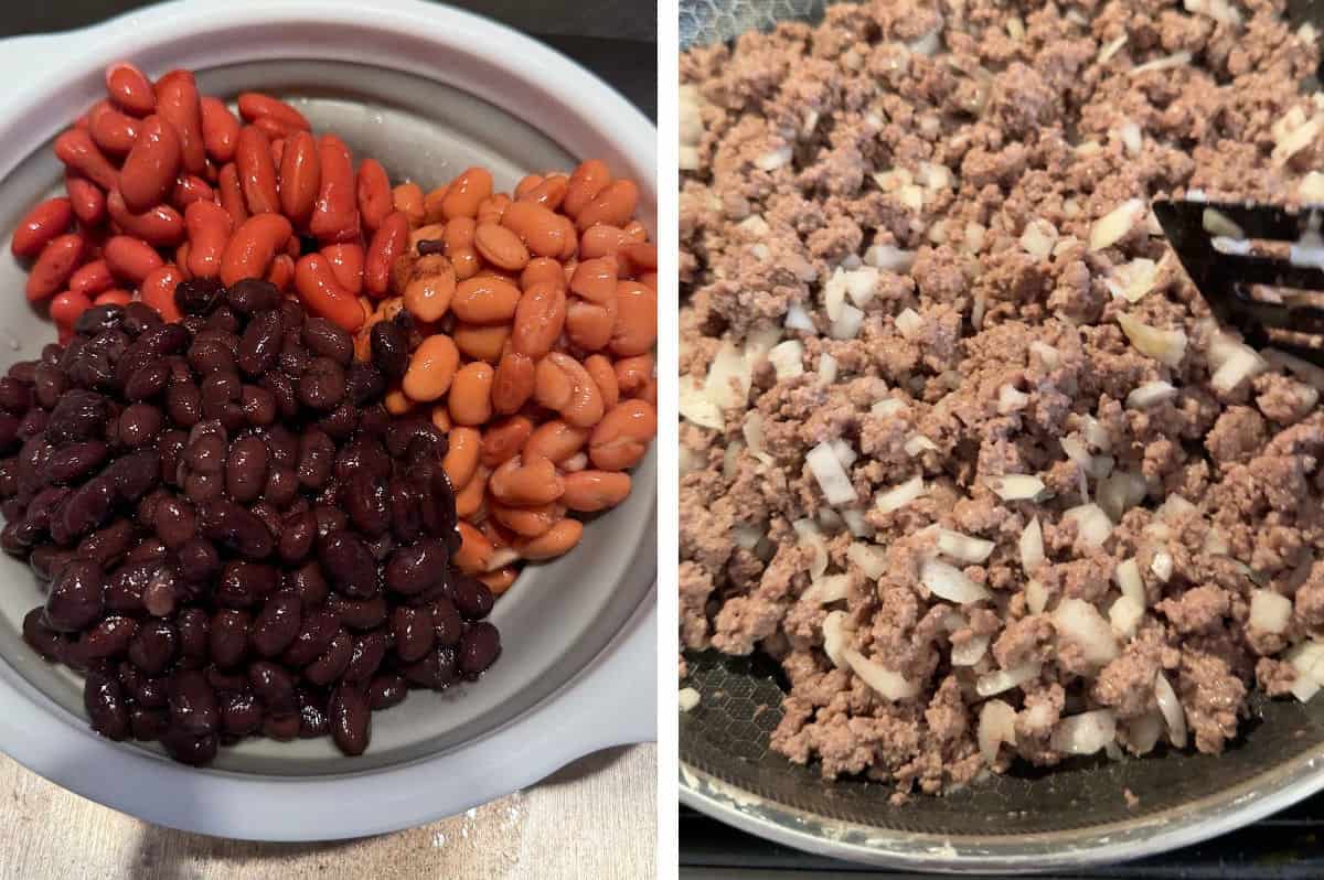 Preparing the beans and meat.