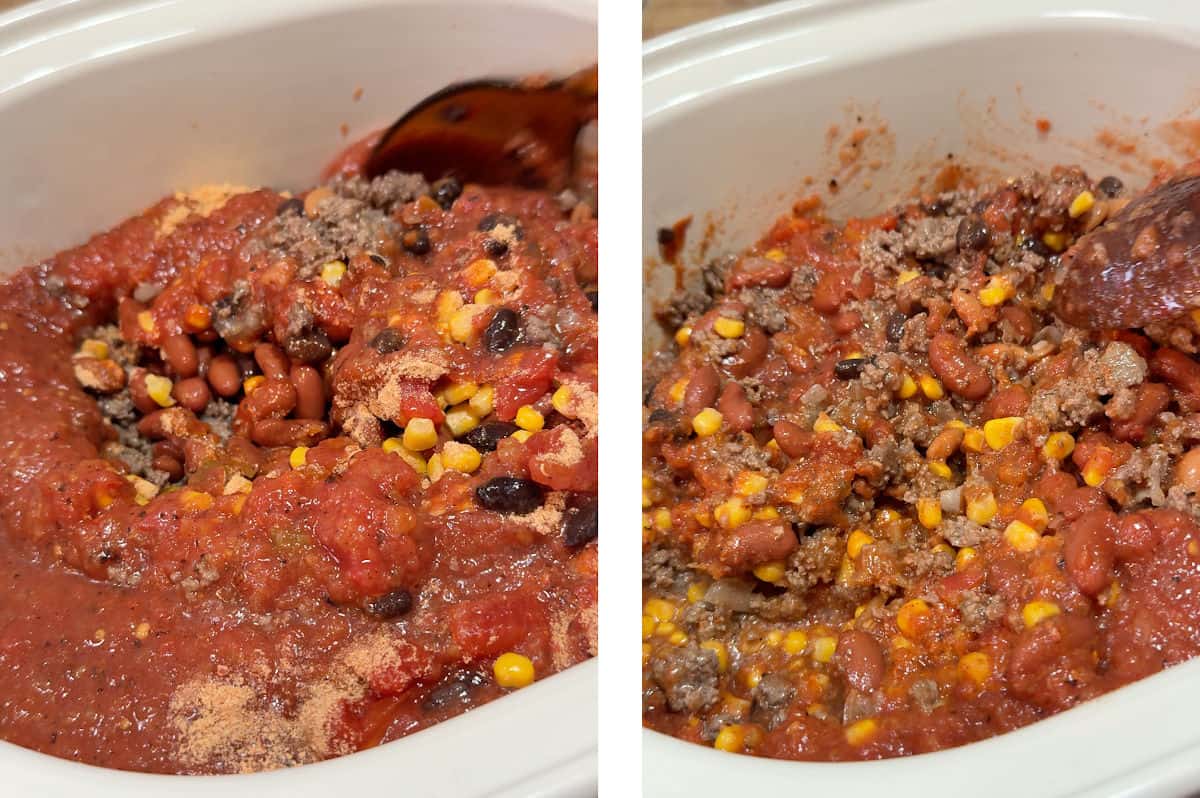 Mixing the ingredients in the slow cooker before starting the cycle.
