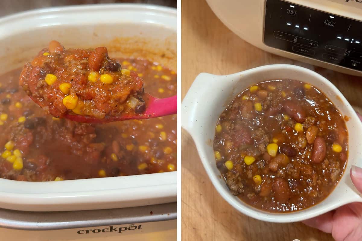 Spooning the hot taco chili from the Crockpot to a bowl.