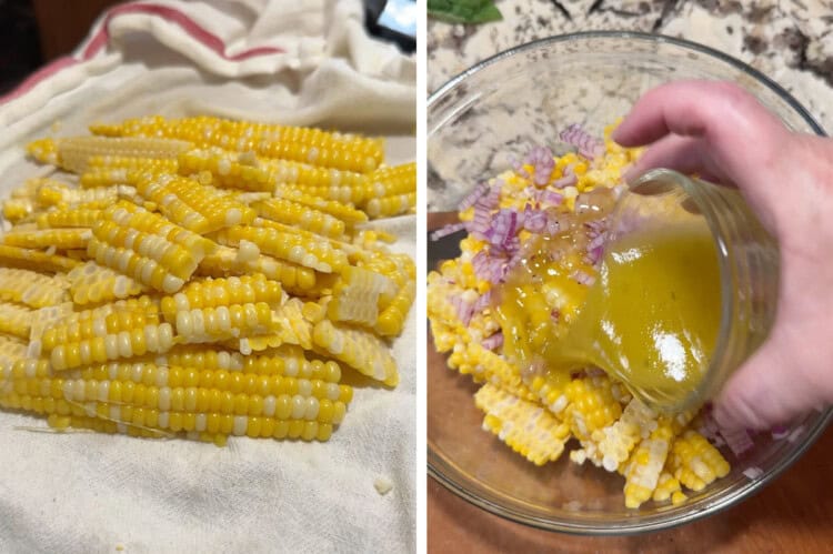 Cutting the corn from the cobs and adding the simple dressing.