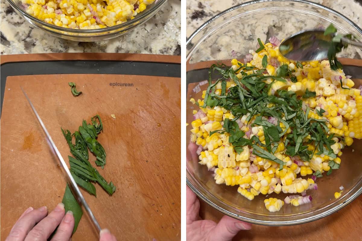Adding basil to the corn salad.