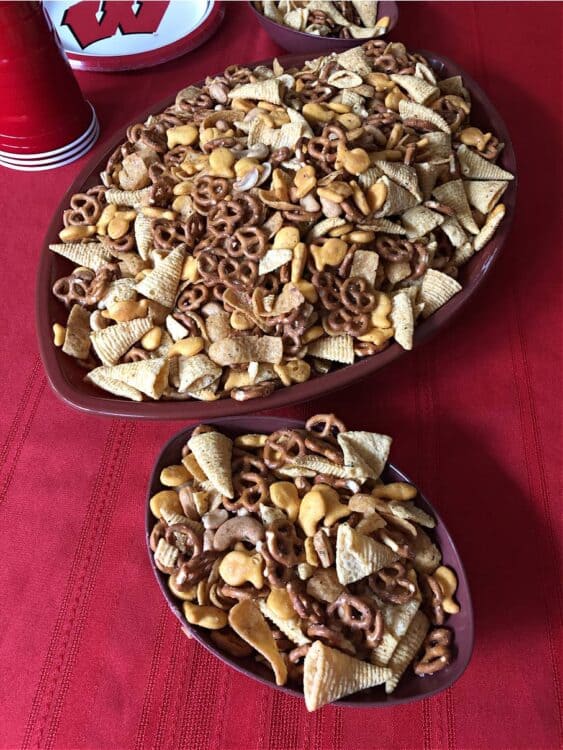 ranch party mix in football shaped bowls