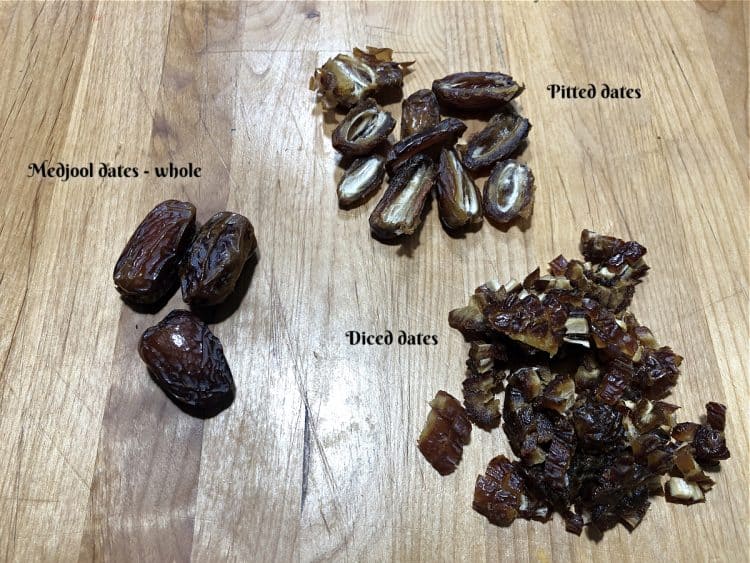 Medjool dates whole, pitted, and diced