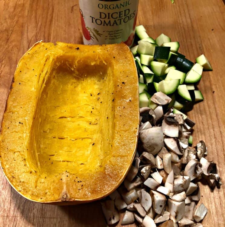 ingredients are cooked squash, zucchini, mushrooms and canned tomatoes