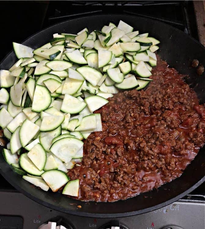 zucchini added to skillet with beef mixture
