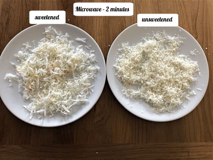 2 plates of coconut after microwaving for 2 minutes
