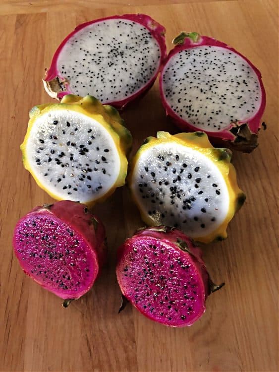 3 varieties of dragon fruit cut open