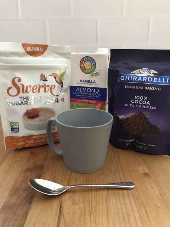 ingredients shown: sweetener, almond milk and cocoa