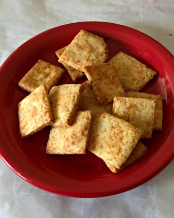 keto snack crackers in a small red bowl