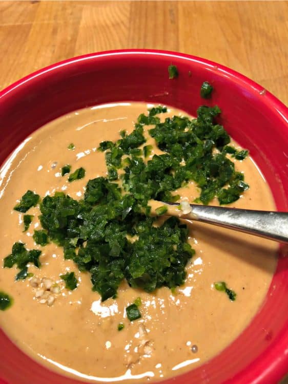 cashew sauce in a red bowl