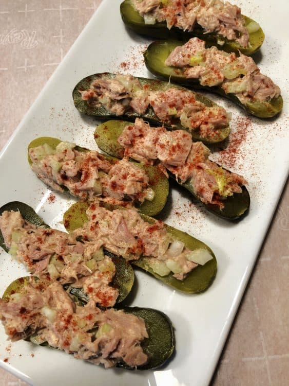 tuna salad boats on a white platter