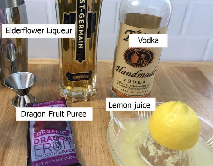 ingredients shown: elderflower liqueur, vodka, lemon juice, dragon fruit 