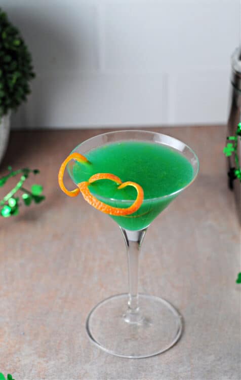 top down view of a green shamrock martini