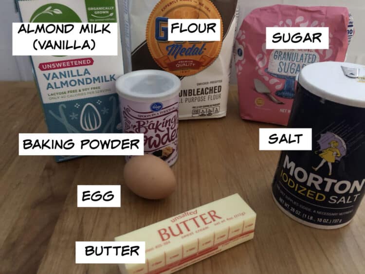 ingredient image of almond milk, butter, flour, sugar, salt, baking powder and egg