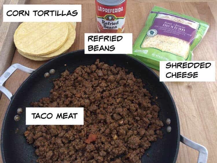 ingredient image: taco meat, tortillas, refried beans, shredded cheese