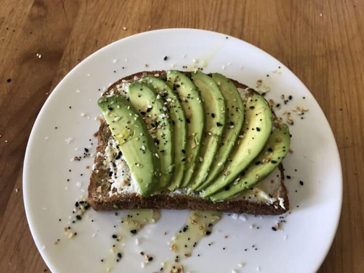 toast, ricotta cheese, avocado, olive oil and EBTB seasoning