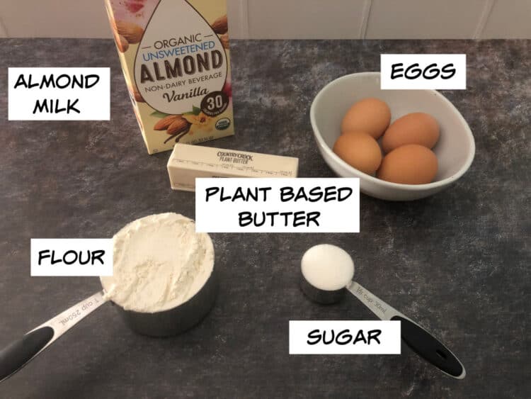 ingredients for crepes: almond milk, plant based butter, eggs, flour, sugar