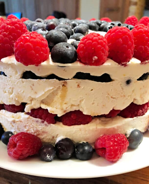 side view of torte showing layers of red white and blue