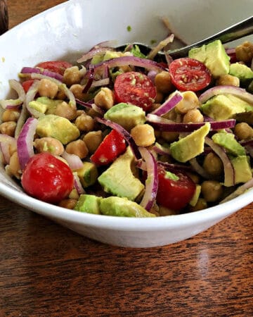 chickpea avocado salad in a white bowl