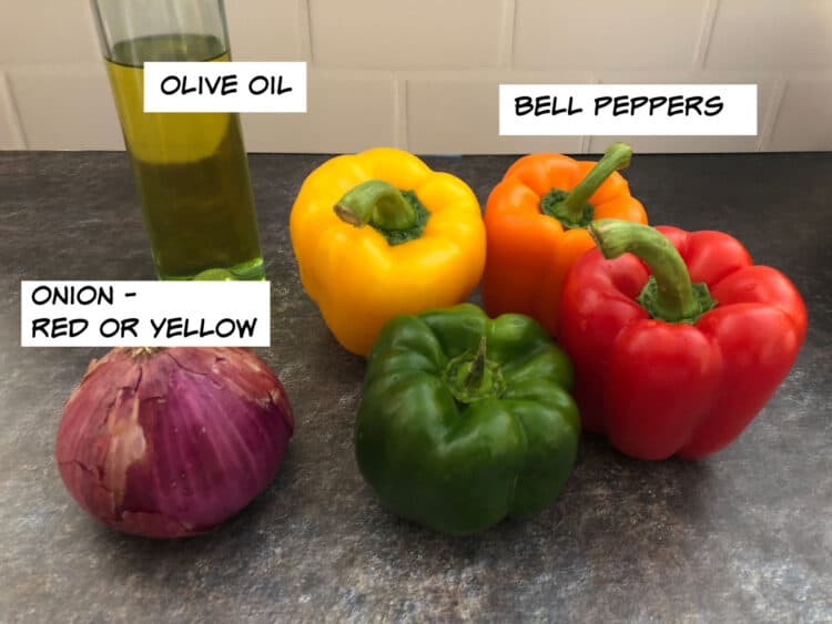 Ingredients: olive oil, bell peppers and an onion