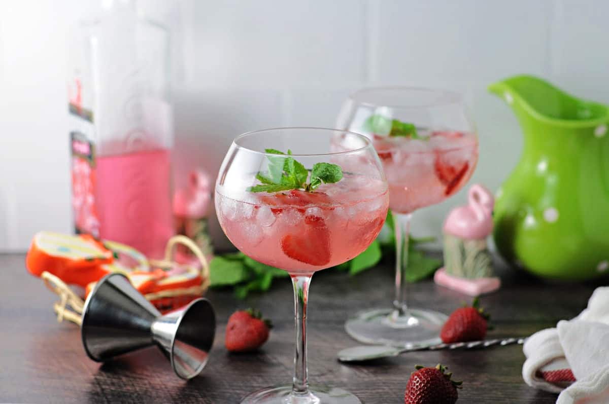 2 wine glasses containing pink  gin and tonic cocktails