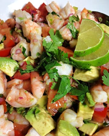 close up of lime shrimp avocado salad