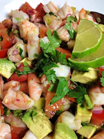 close up of lime shrimp avocado salad