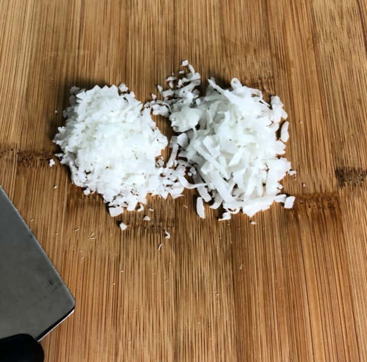2 small piles of shredded coconut, one chopped more finely