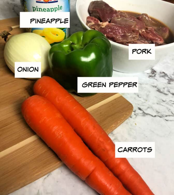 kebab ingredients: carrots, onion, pineapple, green pepper, pork