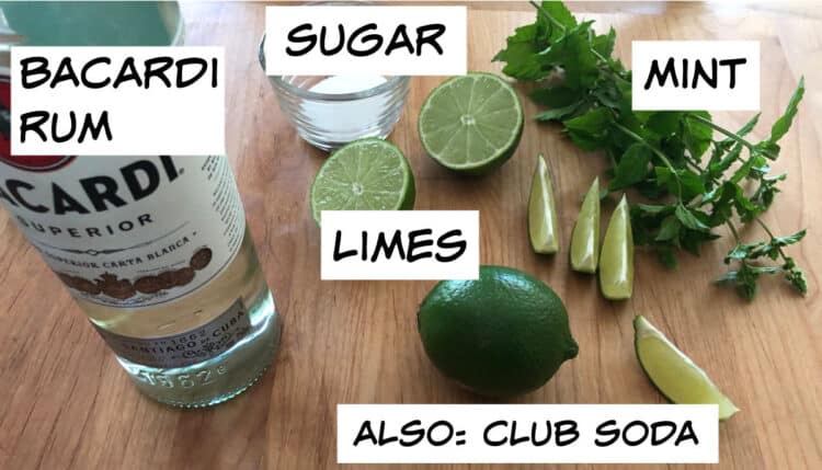 ingredients: rum, sugar, mint, limes, club soda