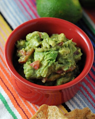 small red bowl of guacamole on a bright striped blanket