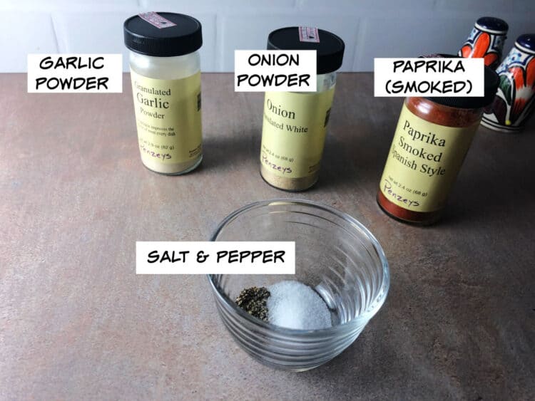 ingredients for dry rub: paprika, garlic powder, onion powder, salt and pepper