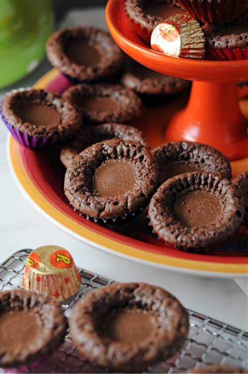 close up of peanut butter cup brownie bites on a  plate