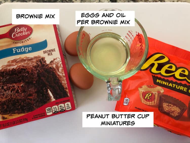 ingredients: box of brownie mix, eggs, oil, and candy