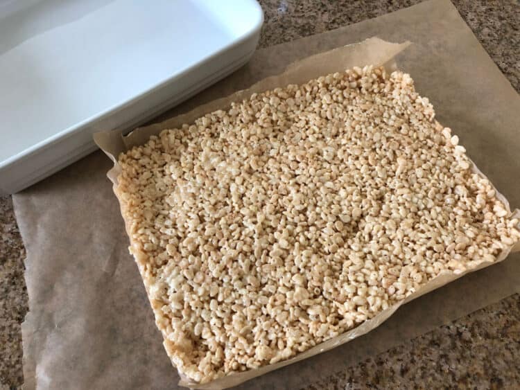rice krispie treat rectangle lifted from pan