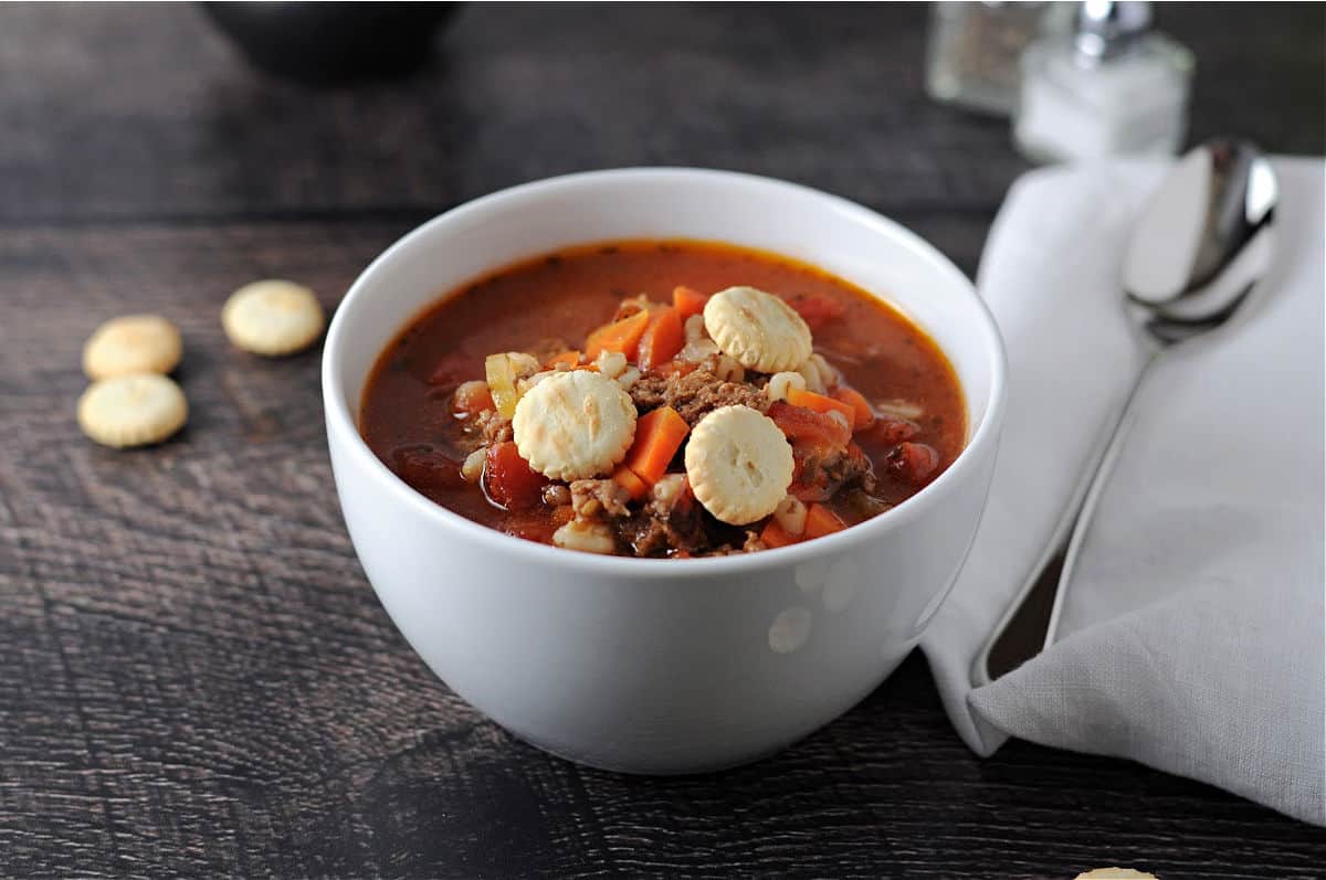a small bowl of hamburger barley soup.