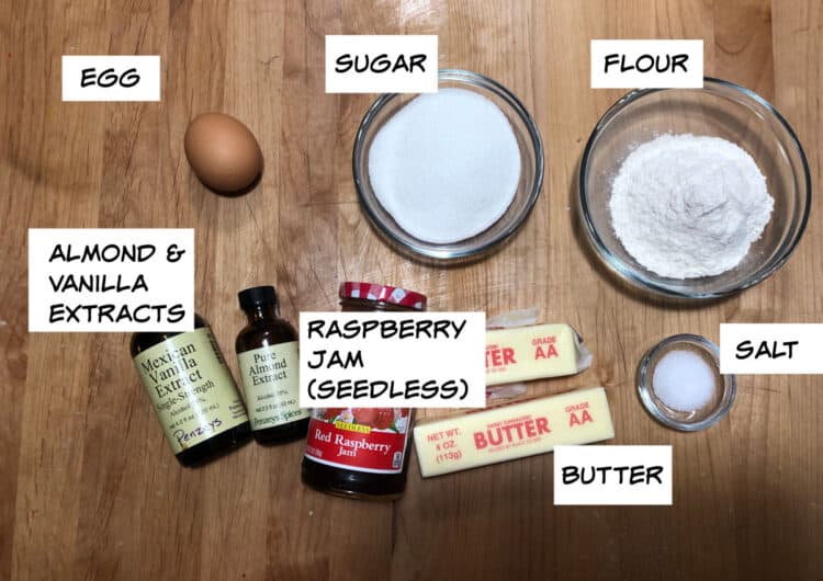 ingredients: egg, sugar, flour, salt, butter, raspberry jam, almond and vanilla extracts