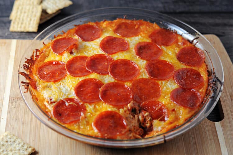 top down view of pepperoni dip in the baking pan