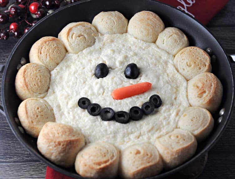 close up of snowman dip in a skillet