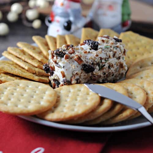 cranberry goat cheese log appetizer on a msall plate surrounded by crackers