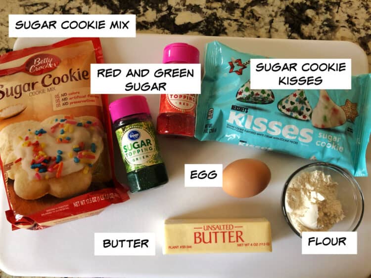 ingredients: cookie mix, colored sugar, flavored kisses, egg, flour, butter