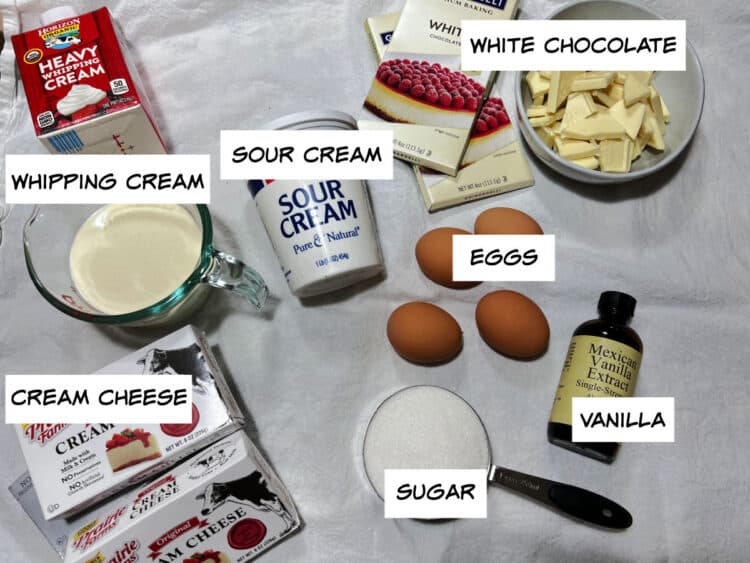 ingredients: cream cheese, whipping cream, sour cream, milk chocolate, eggs, sugar, vanilla.