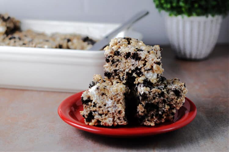 stack of oreo krispies on a red plate.